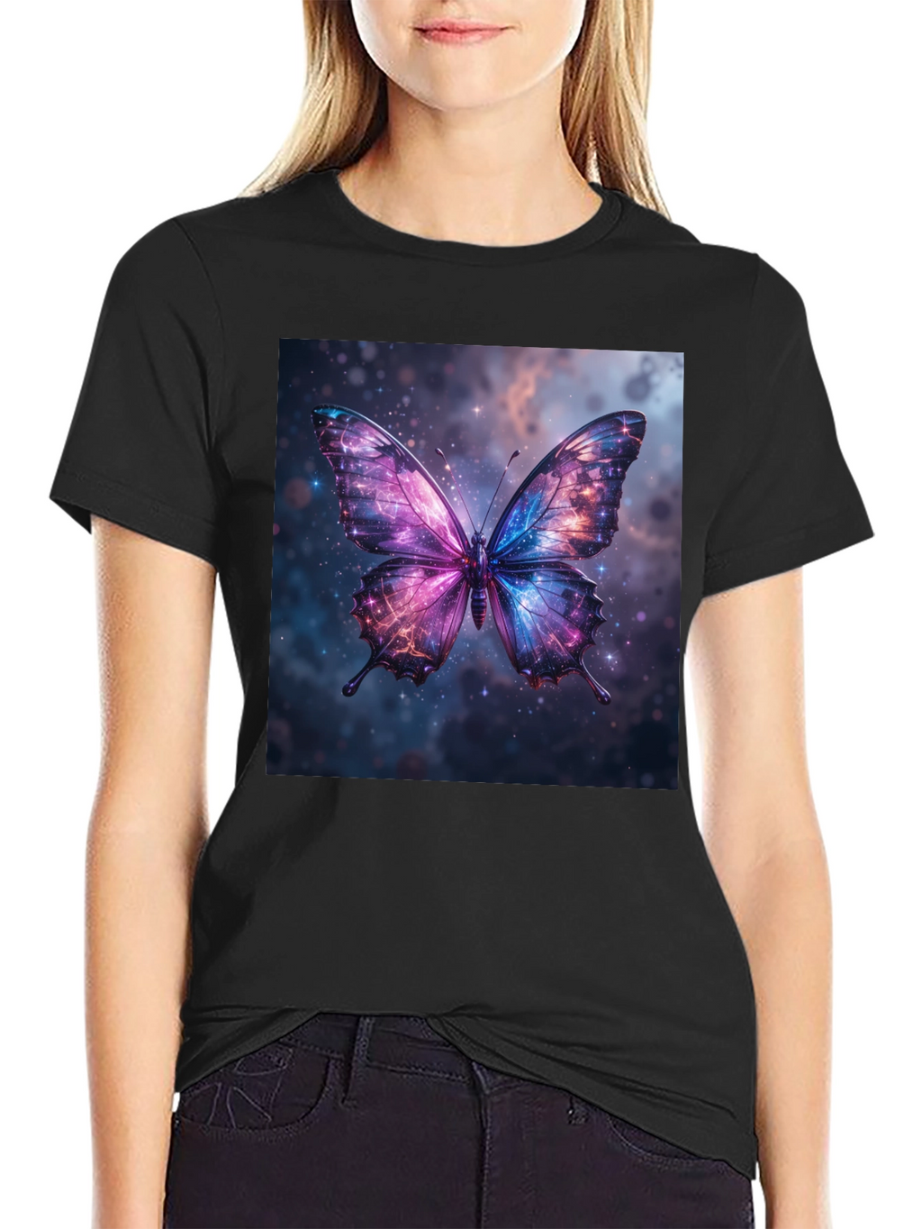 Galaxy Butterfly Graphic Print Black T-Shirt