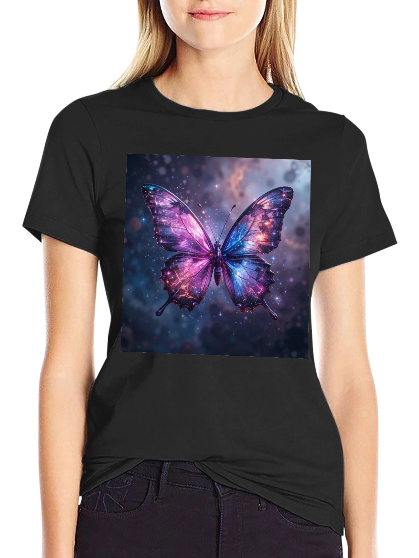 Galaxy Butterfly Graphic Print Black T-Shirt