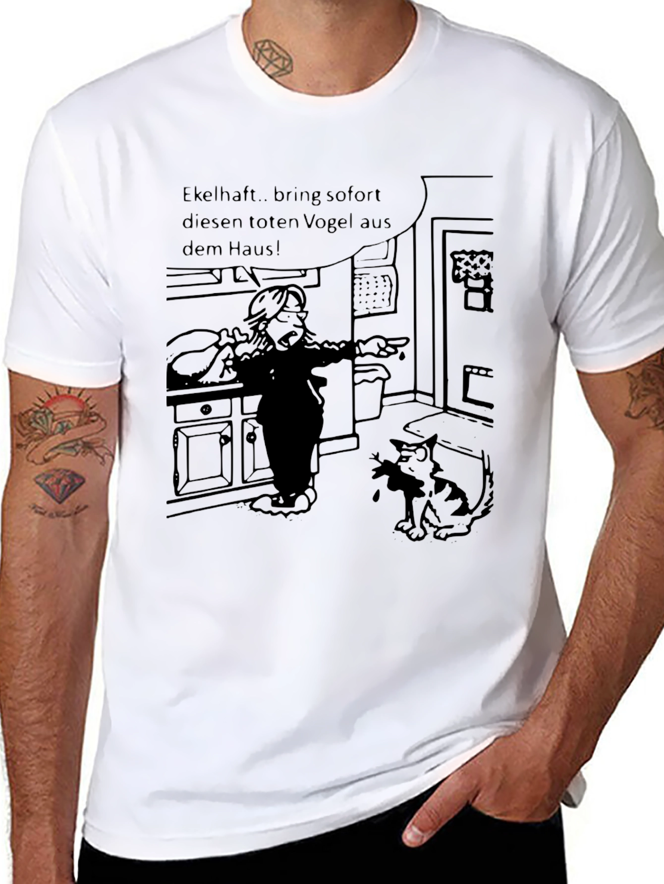 Humorous Cartoon Cat & Bird T-Shirt