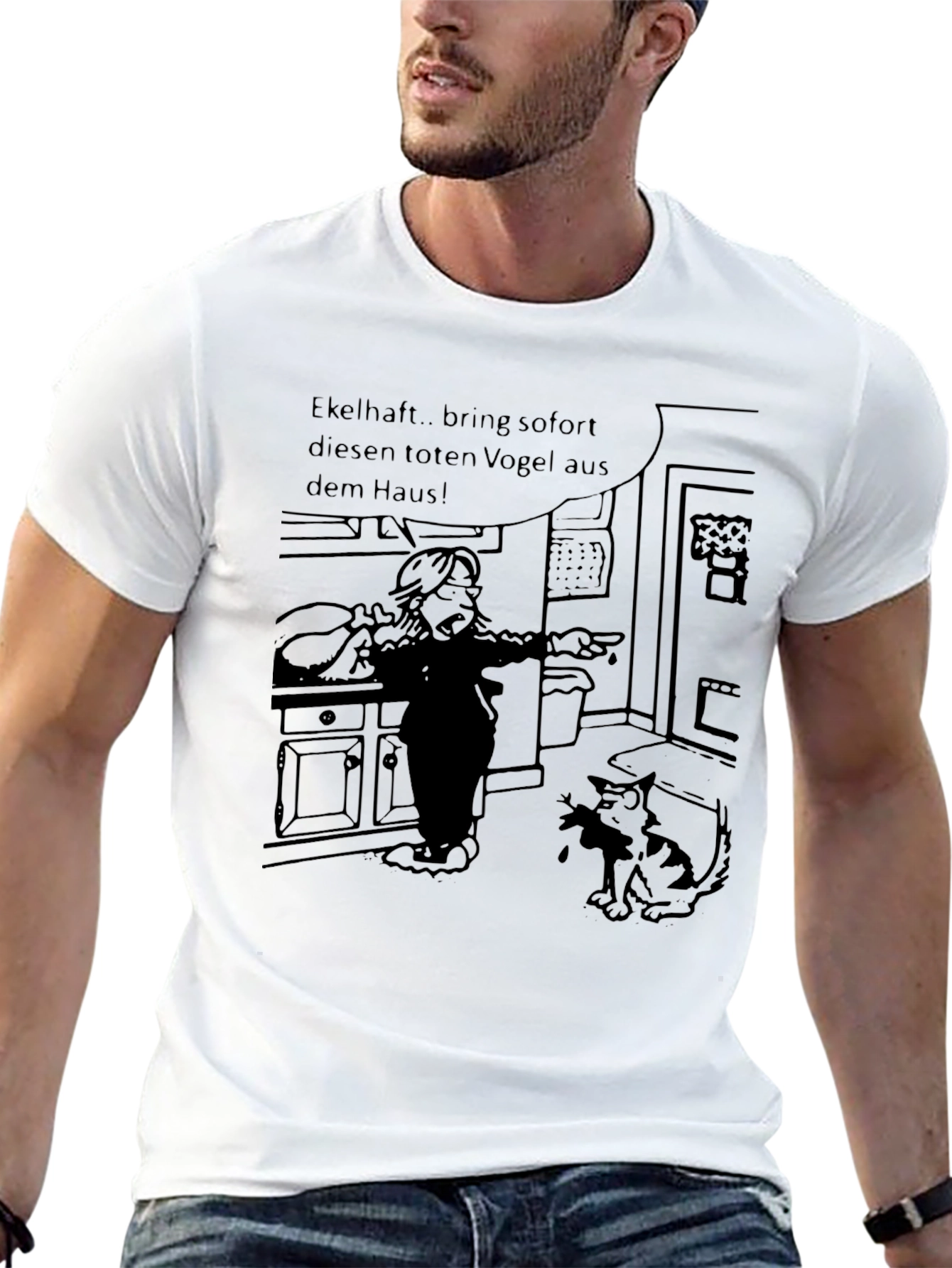 Humorous Cartoon Cat & Bird T-Shirt