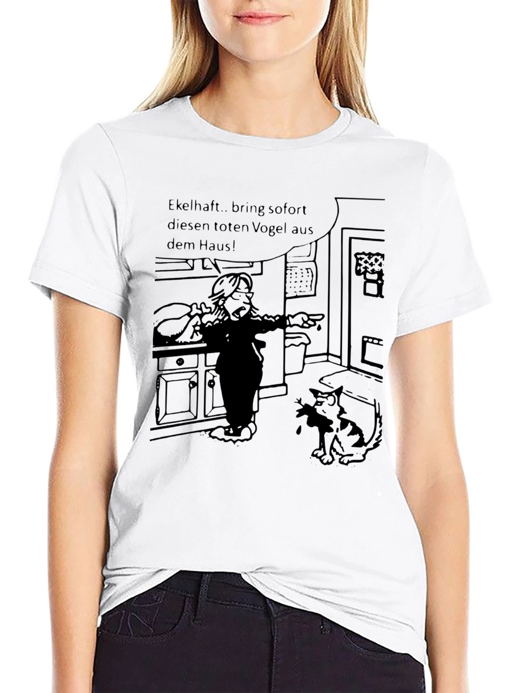 Humorous Cartoon Cat & Bird T-Shirt