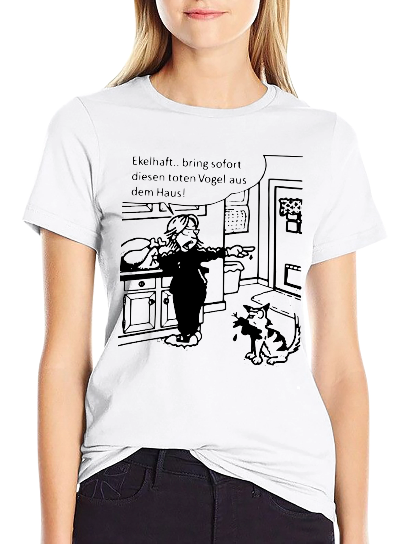 Humorous Cartoon Cat & Bird T-Shirt