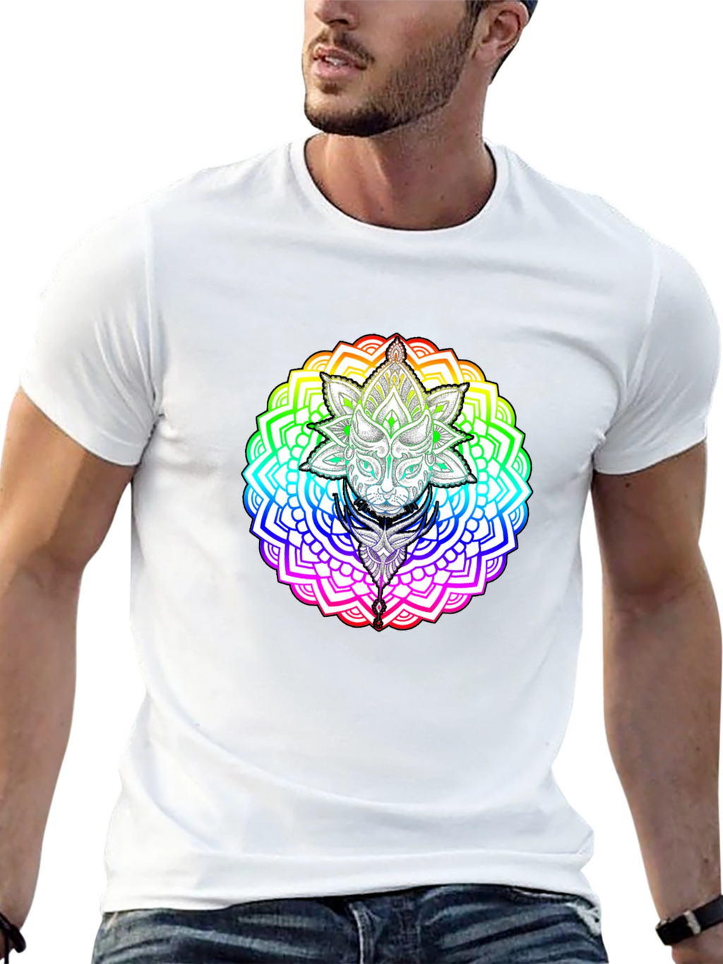 Rainbow Mandala Cat Graphic T-Shirt