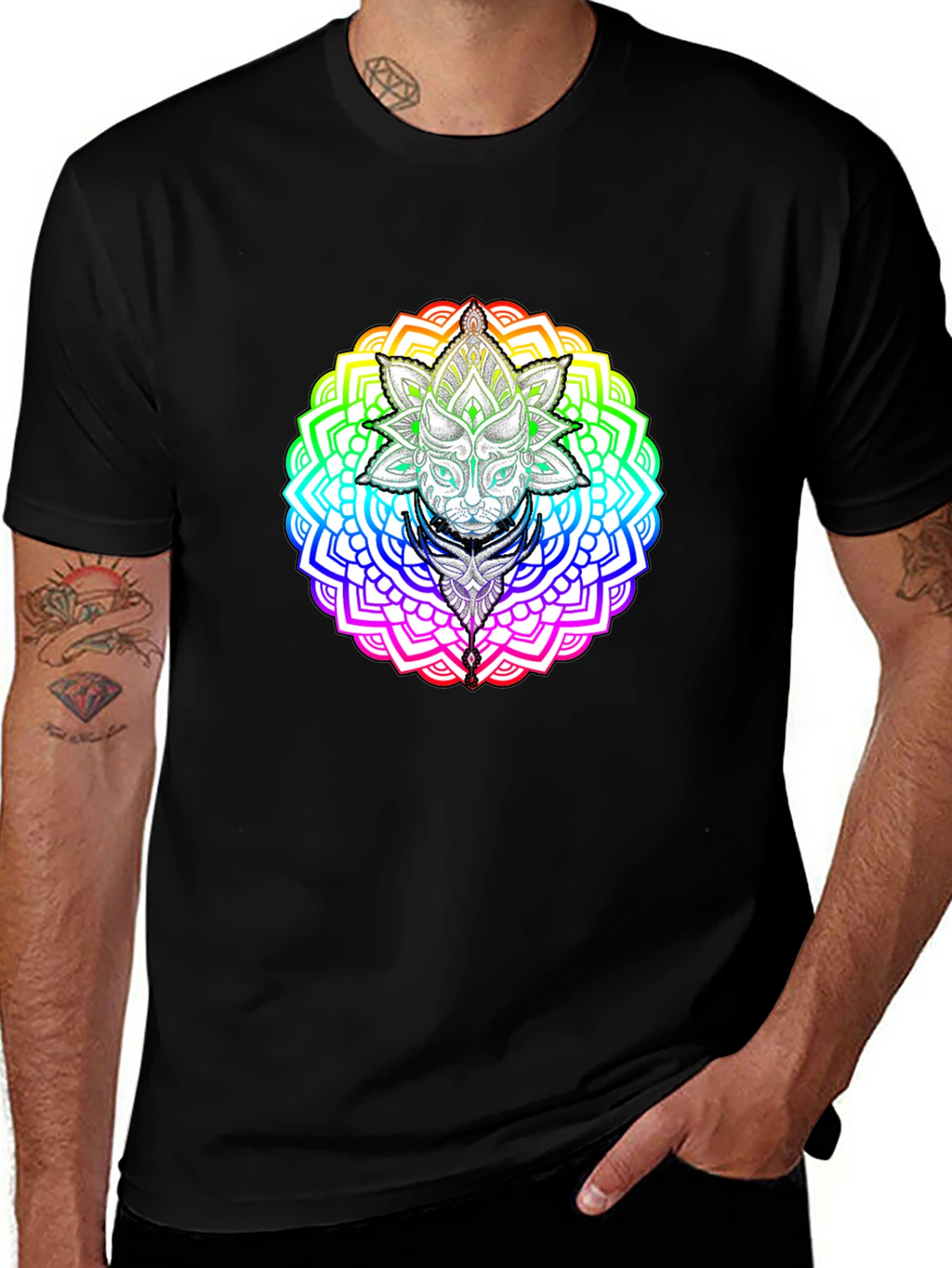 Rainbow Mandala Cat Graphic T-Shirt