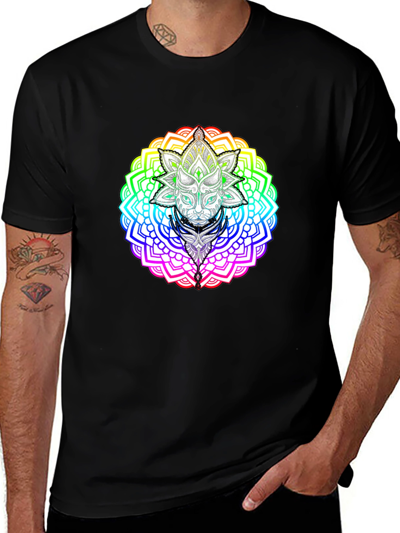 Rainbow Mandala Cat Graphic T-Shirt