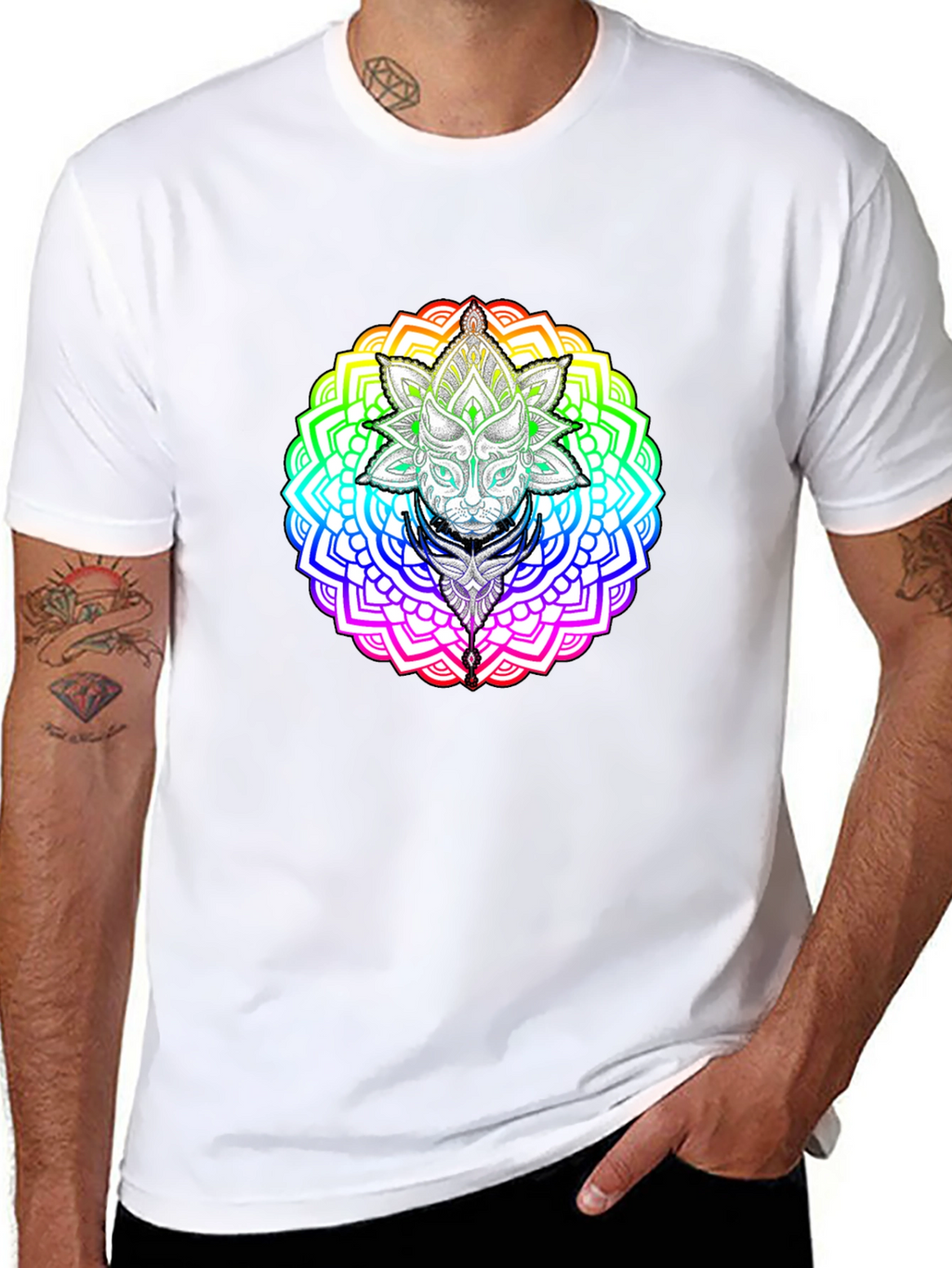 Rainbow Mandala Cat Graphic T-Shirt