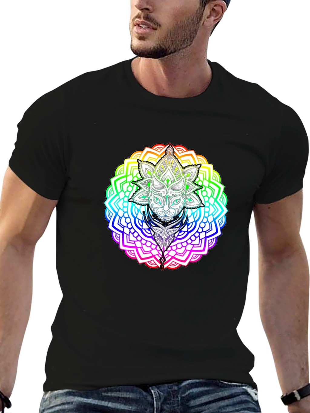 Rainbow Mandala Cat Graphic T-Shirt