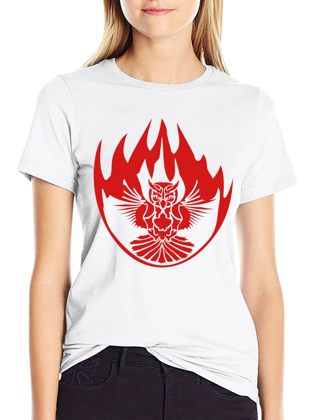 Black T-Shirt with Owl & Flame Design