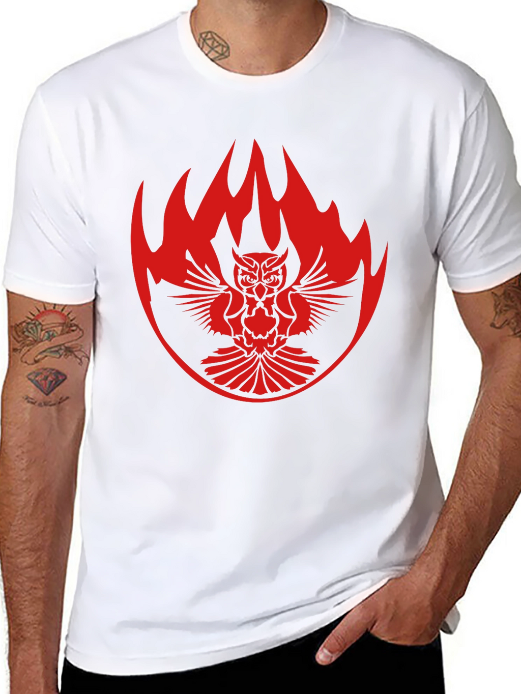 Black T-Shirt with Owl & Flame Design