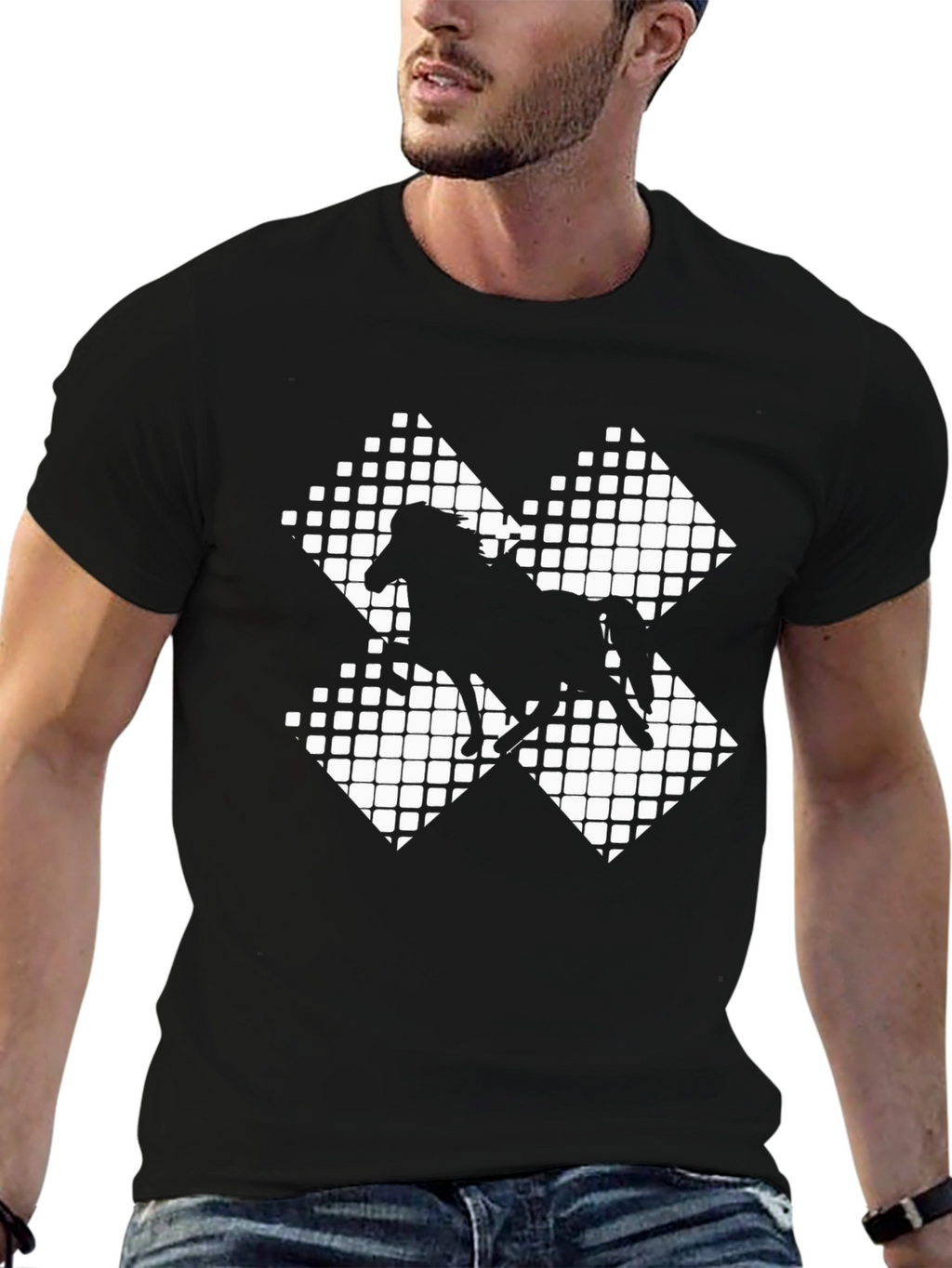 Black Horse Silhouette Grid Pattern Tee
