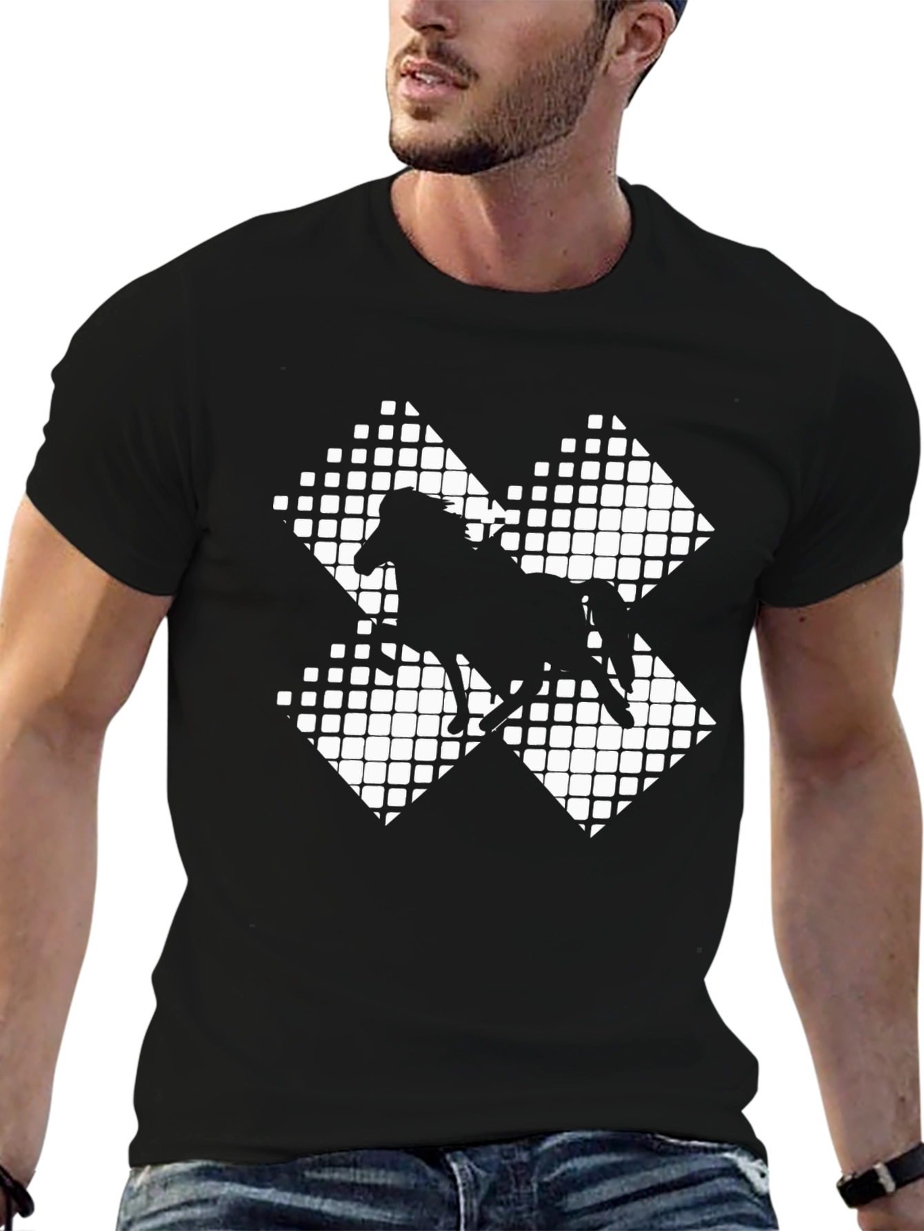 Black Horse Silhouette Grid Pattern Tee