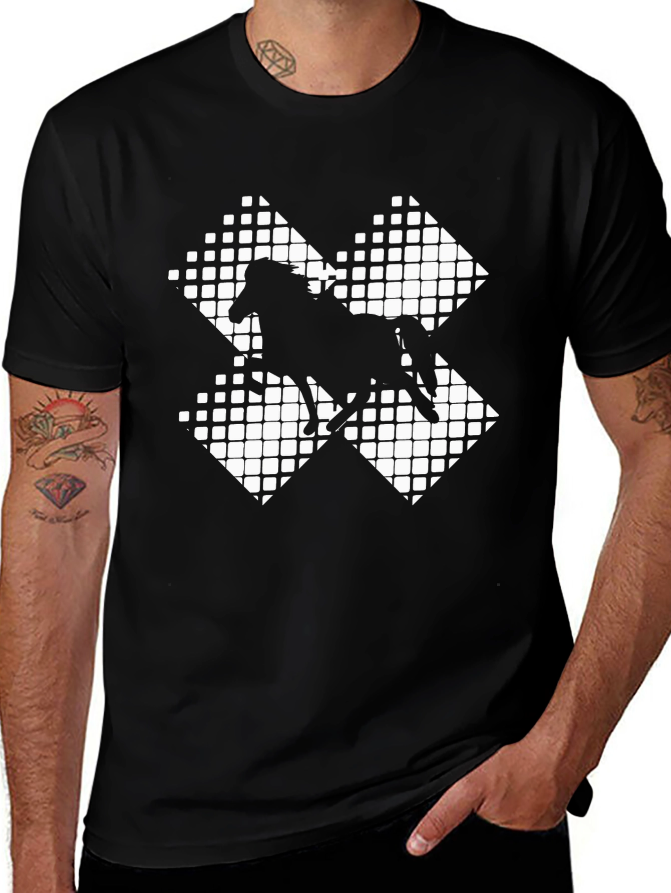 Black Horse Silhouette Grid Pattern Tee