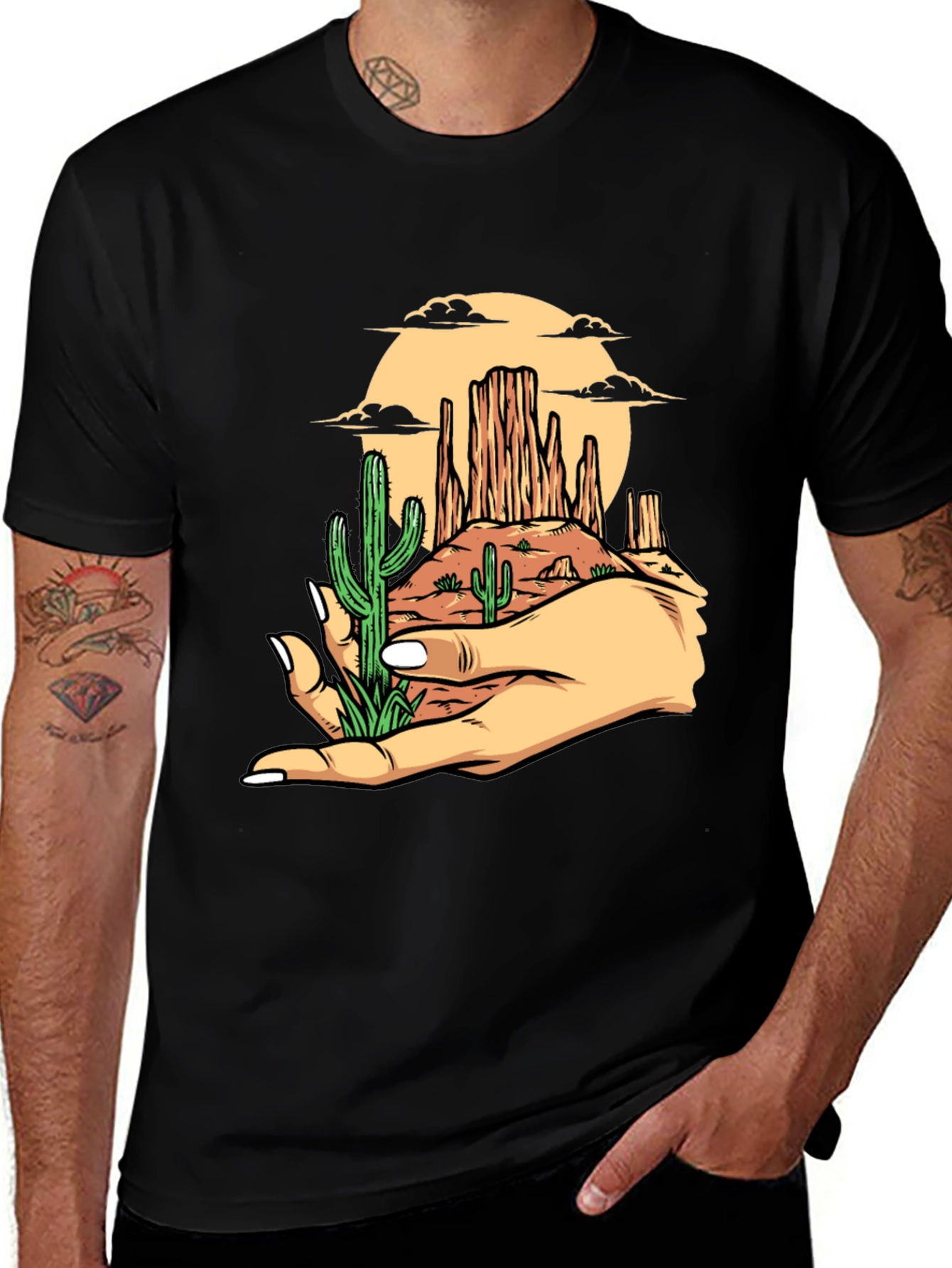 Desert Landscape Graphic Tee - Black Cotton T-Shirt