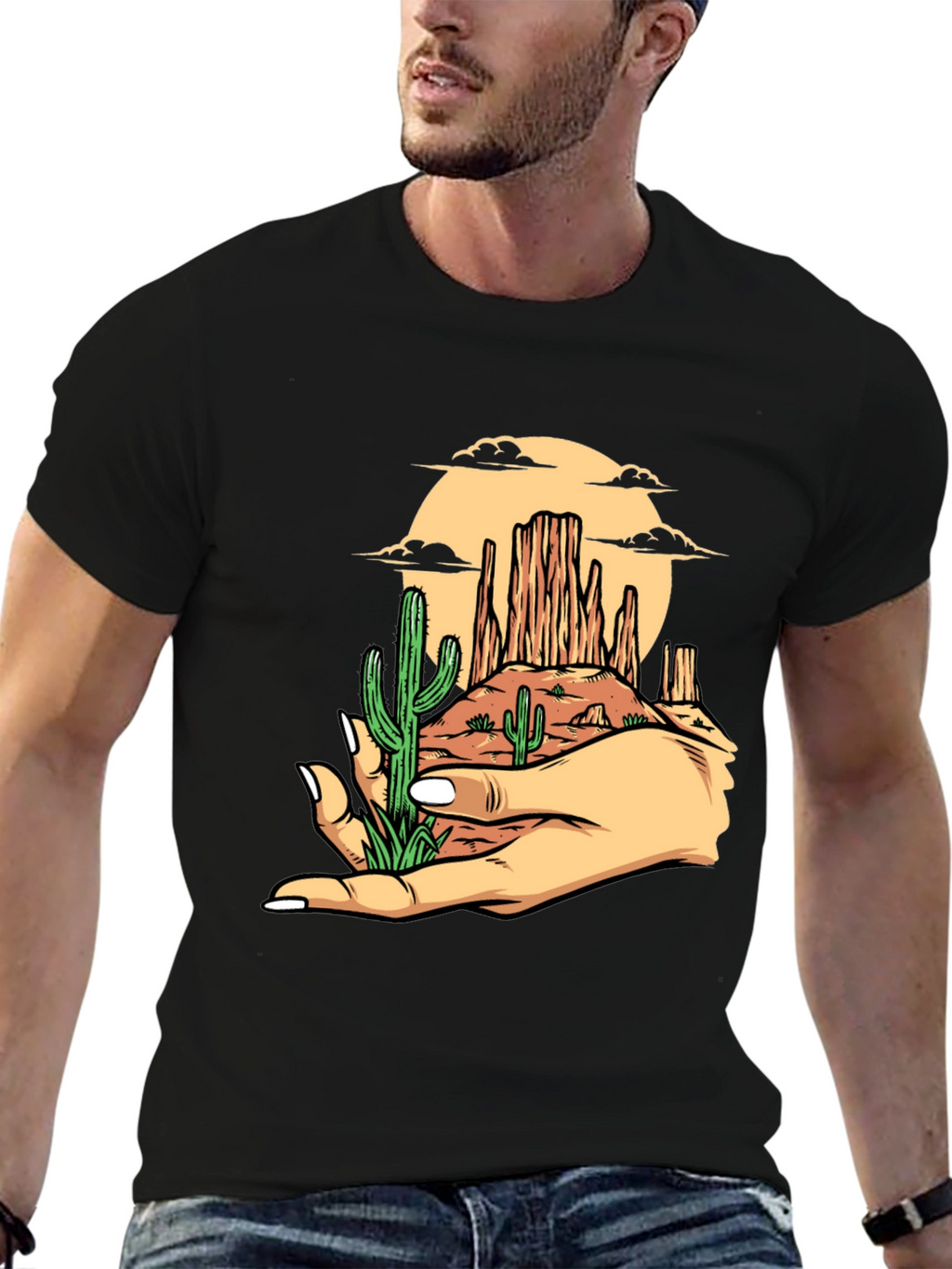 Desert Landscape Graphic Tee - Black Cotton T-Shirt