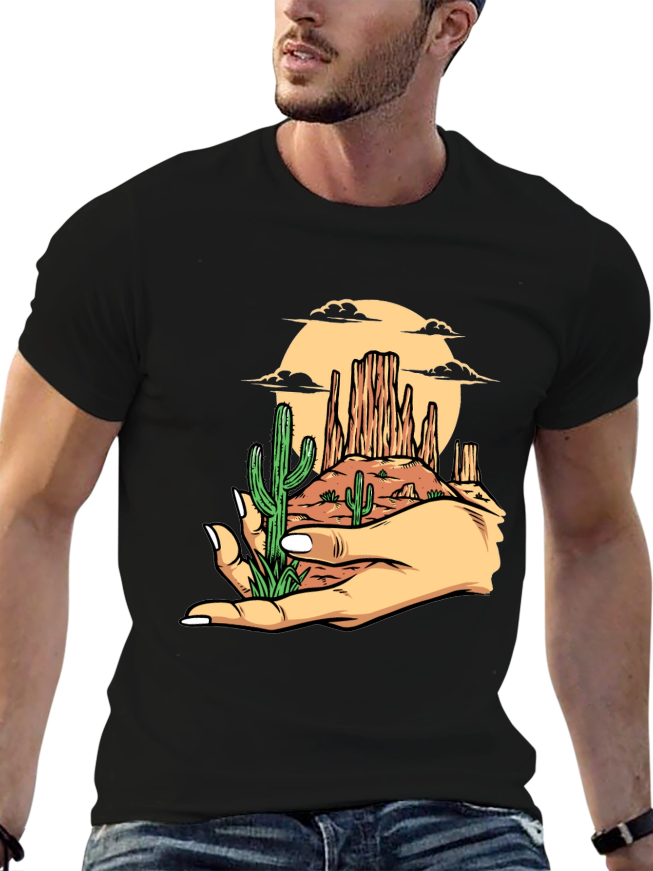 Desert Landscape Graphic Tee - Black Cotton T-Shirt