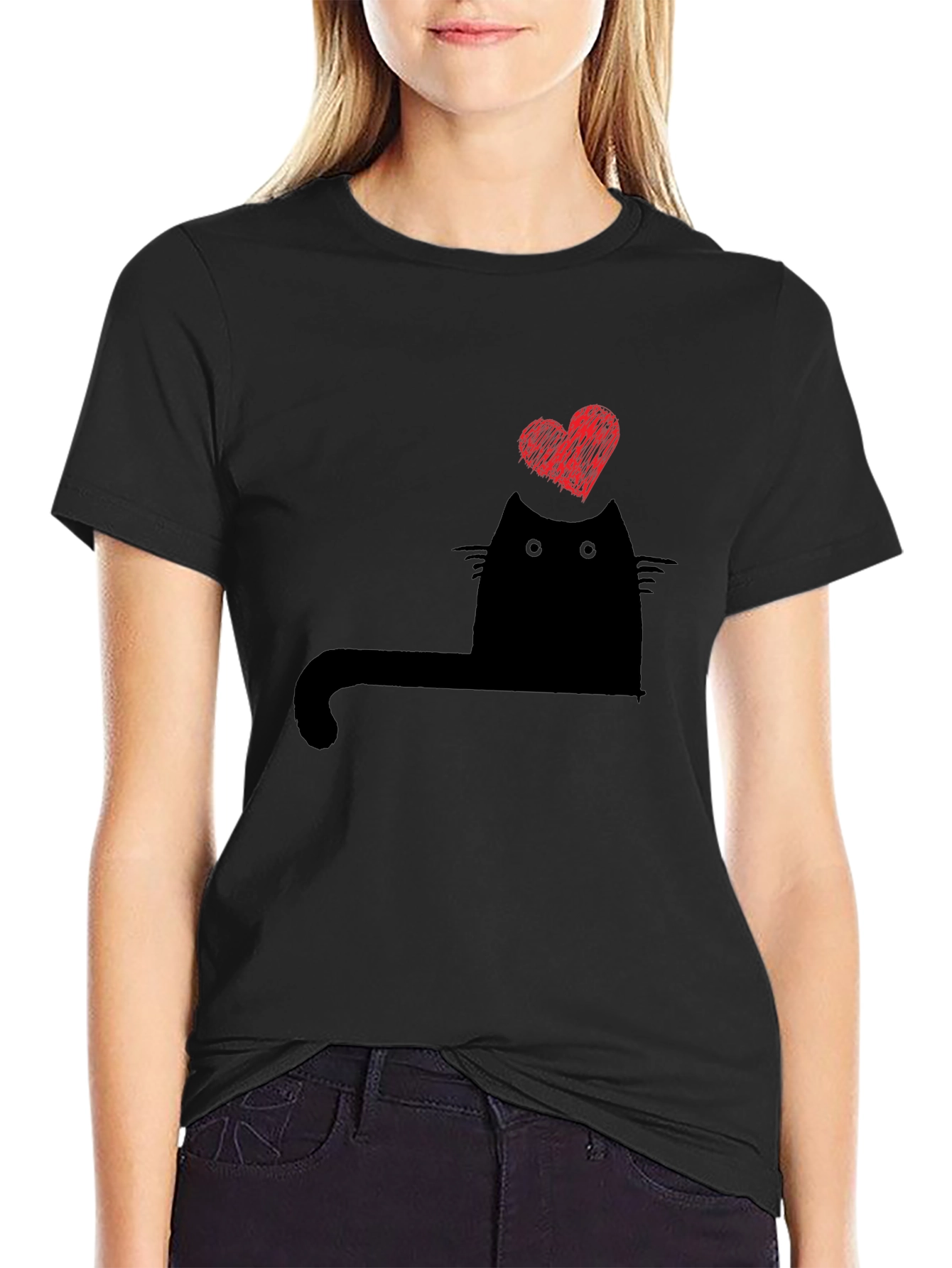 Cat Heart Graphic T-Shirt - Black