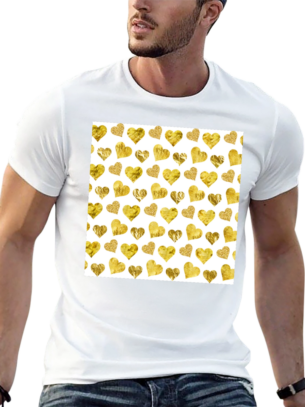 Gold Hearts Pattern Black Tee