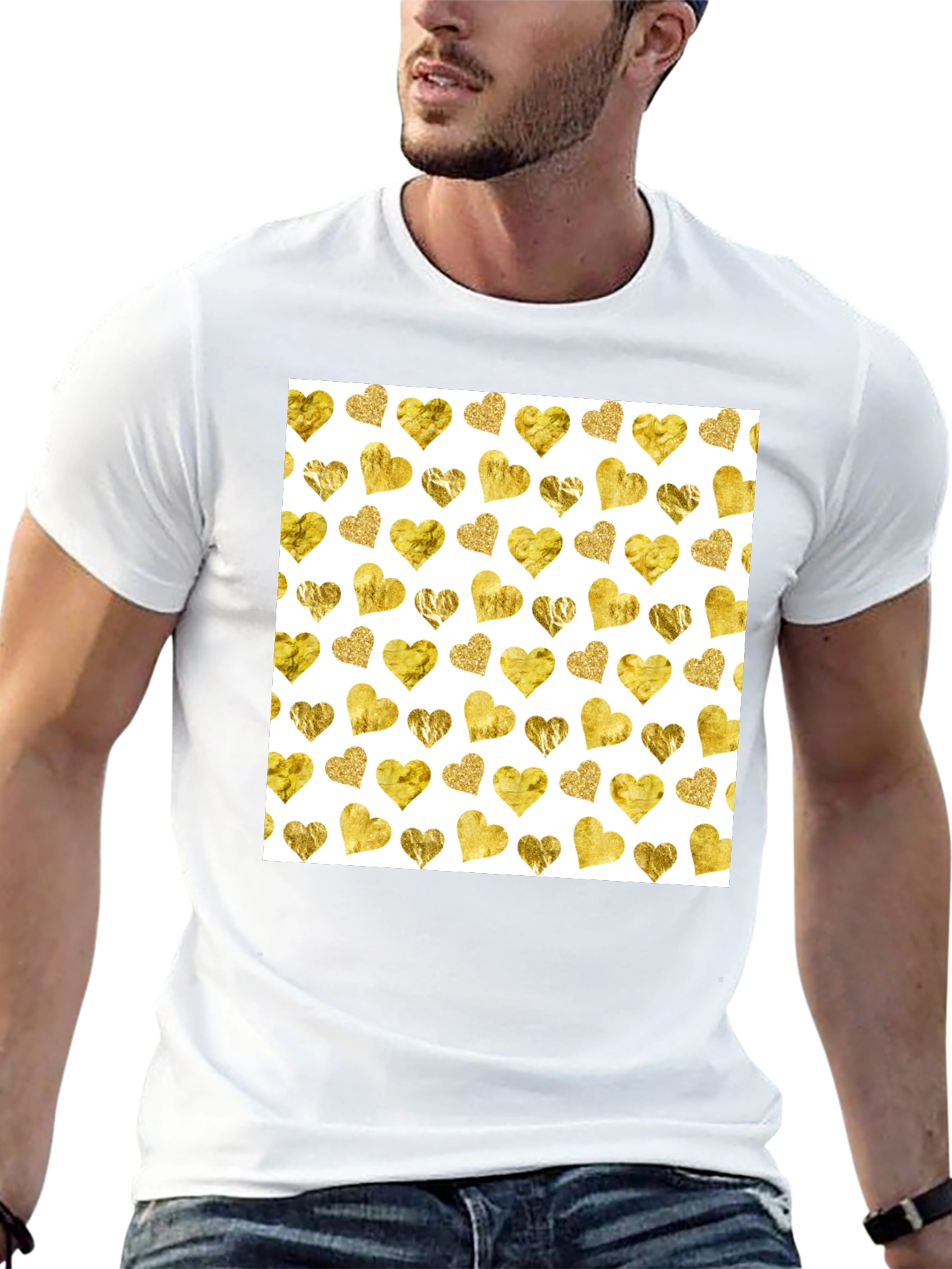 Gold Hearts Pattern Black Tee