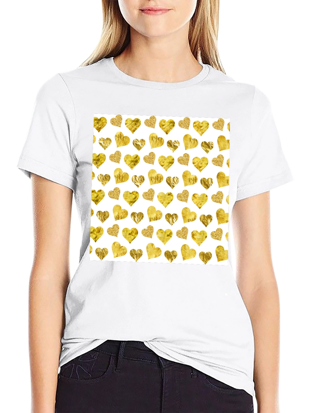 Gold Hearts Pattern Black Tee