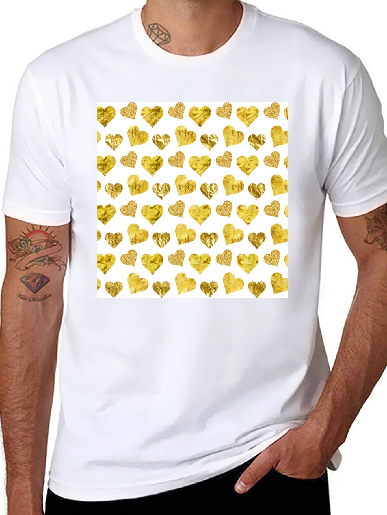 Gold Hearts Pattern Black Tee