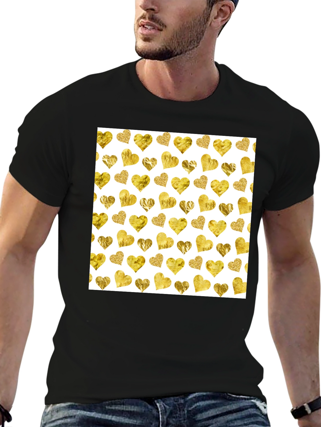 Gold Hearts Pattern Black Tee