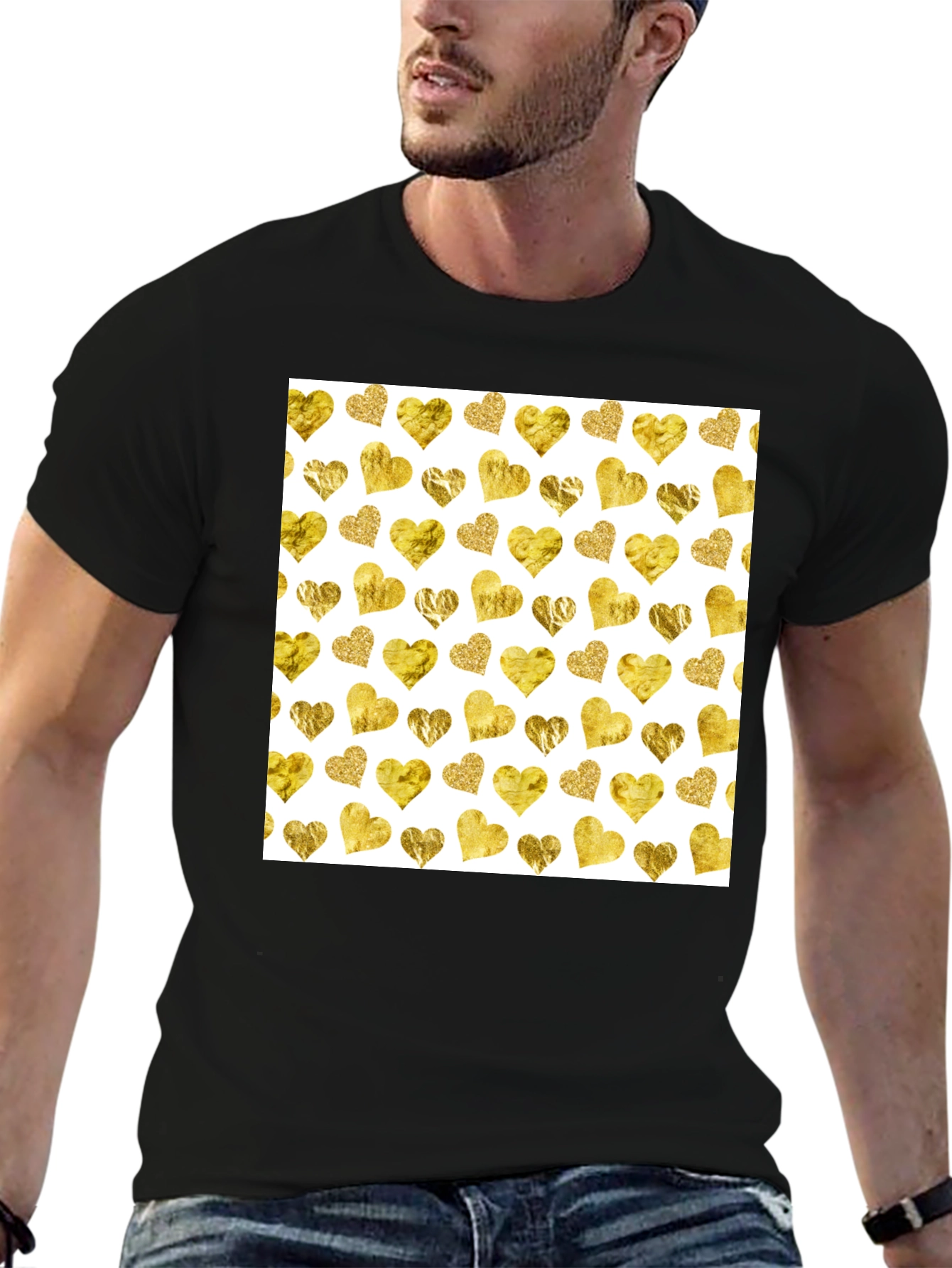 Gold Hearts Pattern Black Tee