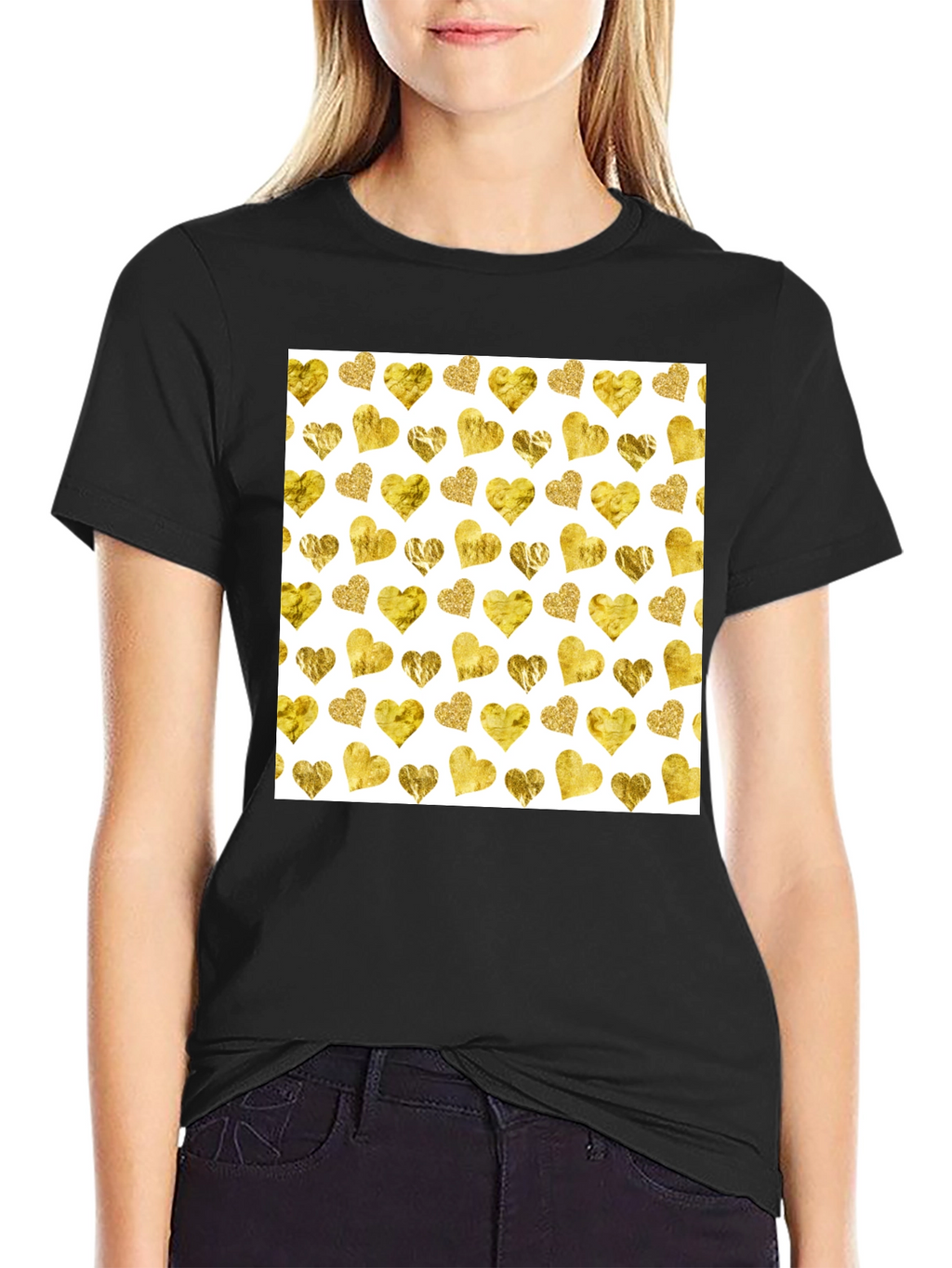 Gold Hearts Pattern Black Tee