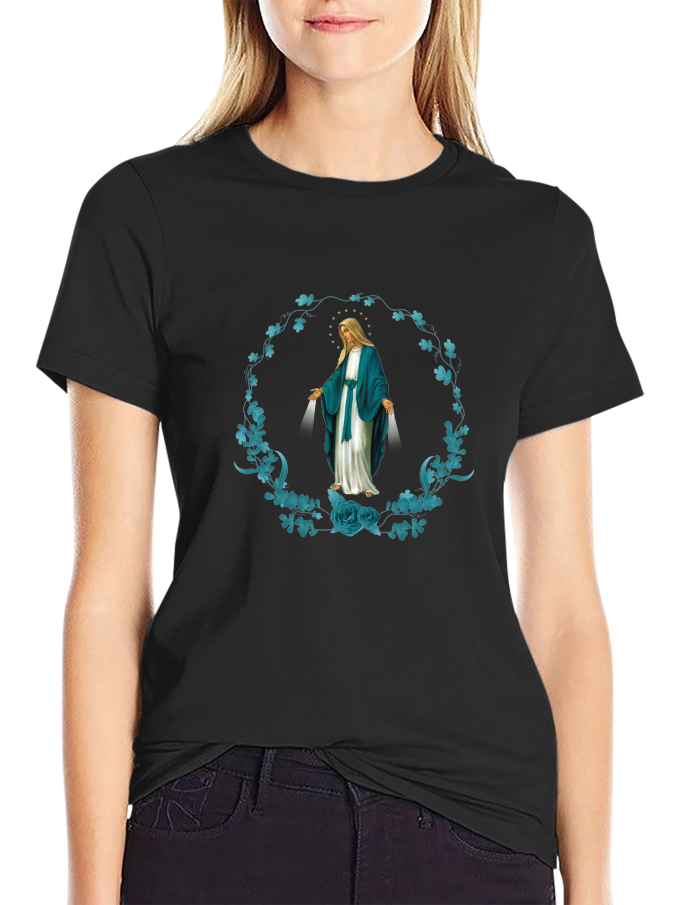 Virgin Mary Floral Wreath Graphic T-Shirt