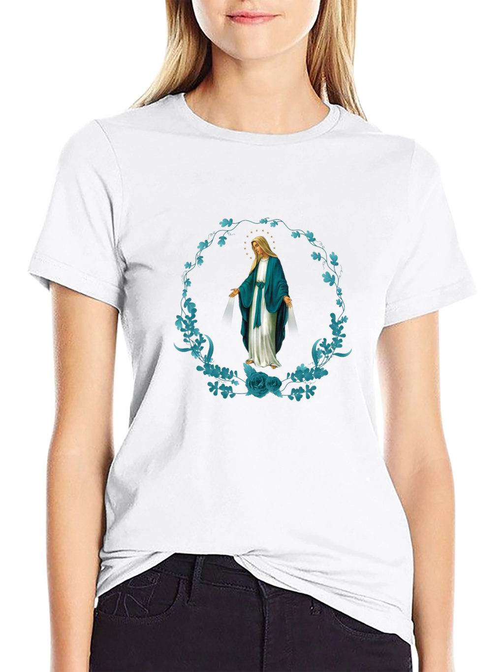 Virgin Mary Floral Wreath Graphic T-Shirt