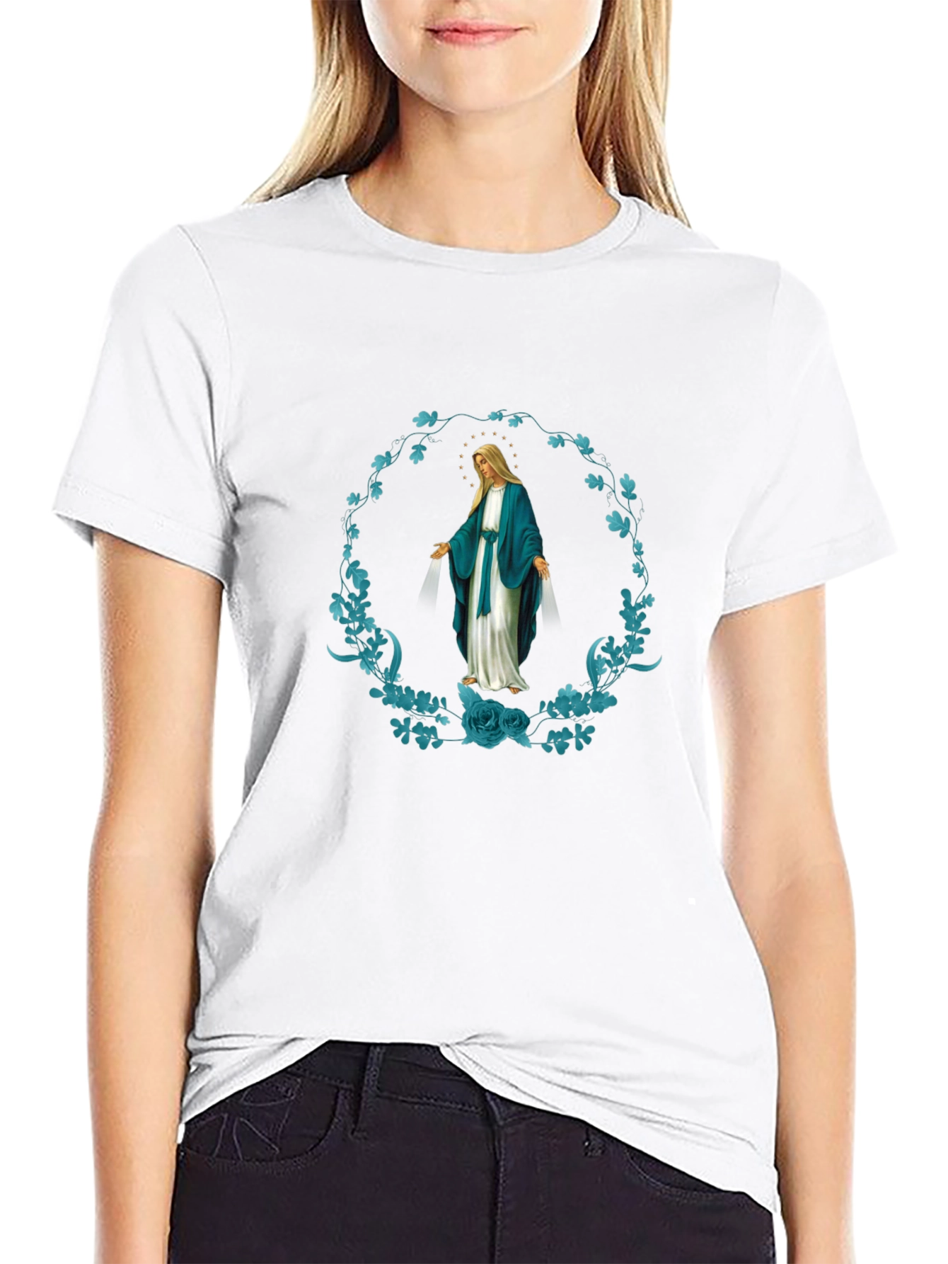 Virgin Mary Floral Wreath Graphic T-Shirt