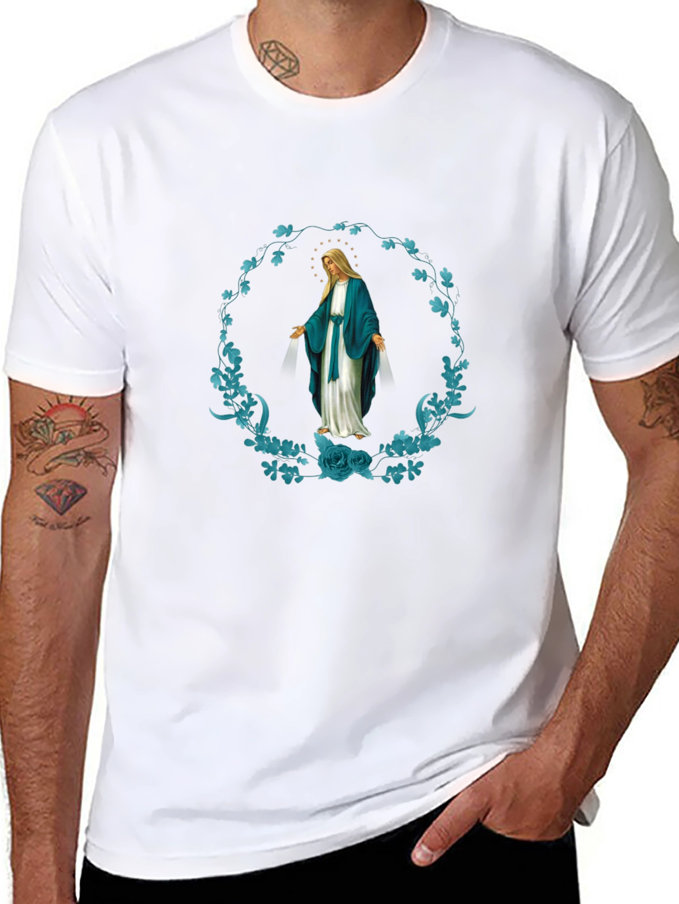 Virgin Mary Floral Wreath Graphic T-Shirt