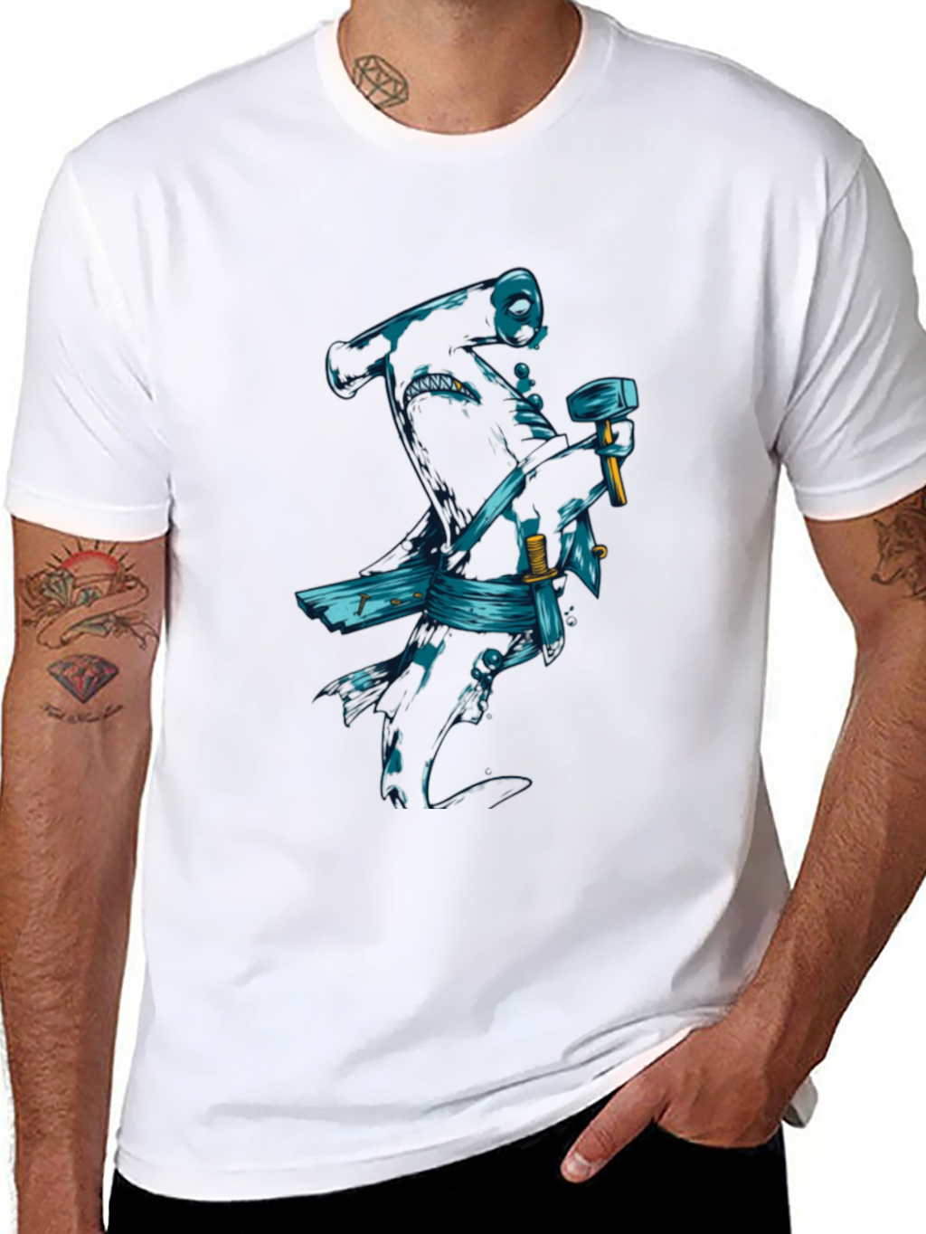 Black T-Shirt with Samurai Shark Graphic