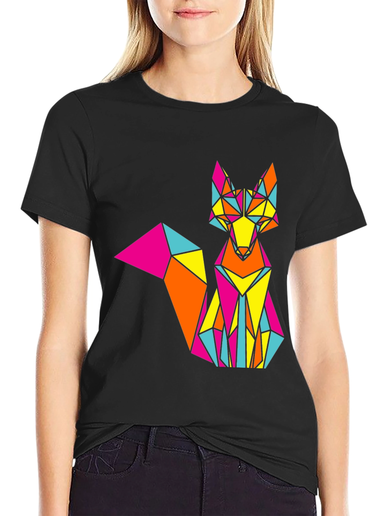Geometric Fox Graphic Print Black T-Shirt
