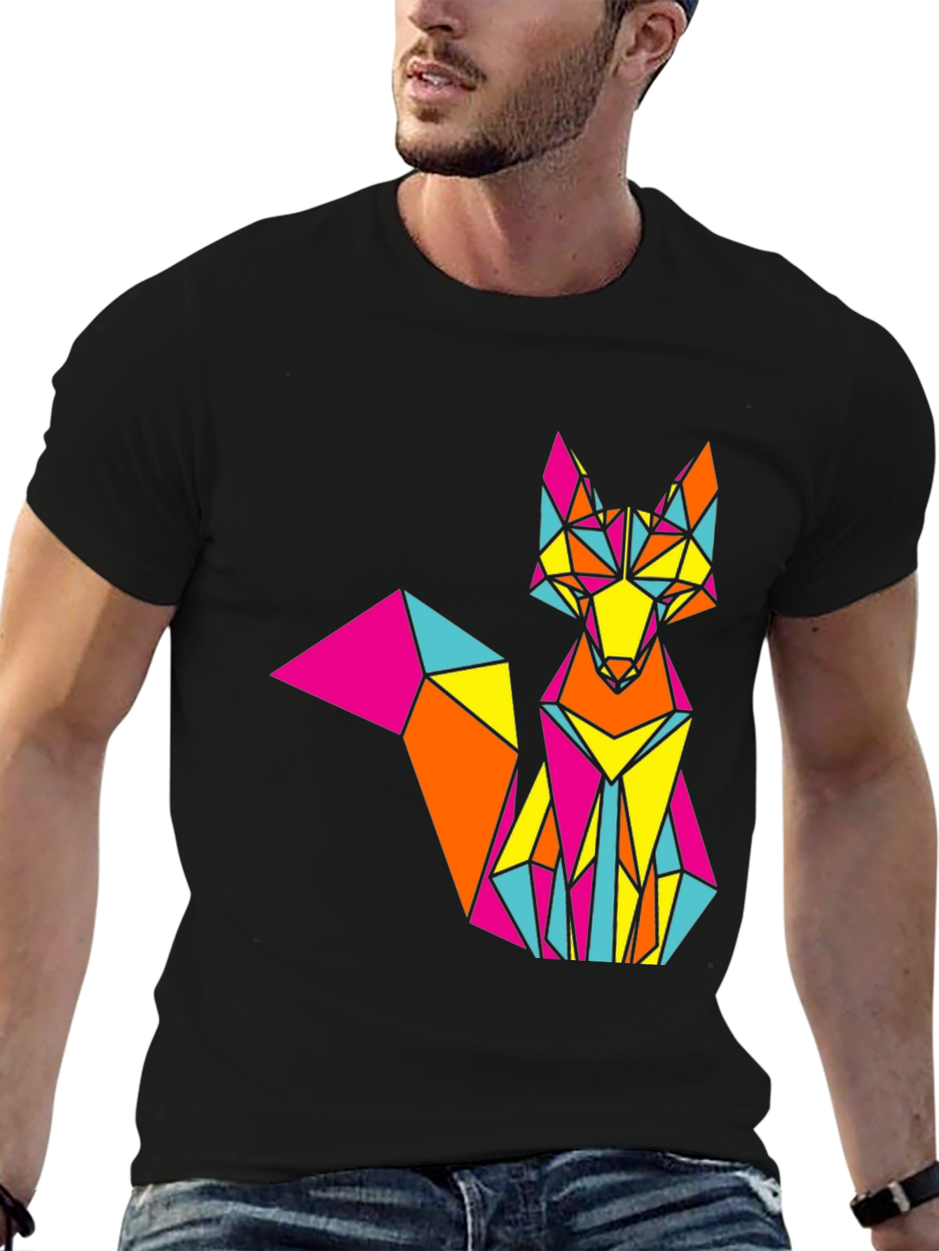 Geometric Fox Graphic Print Black T-Shirt