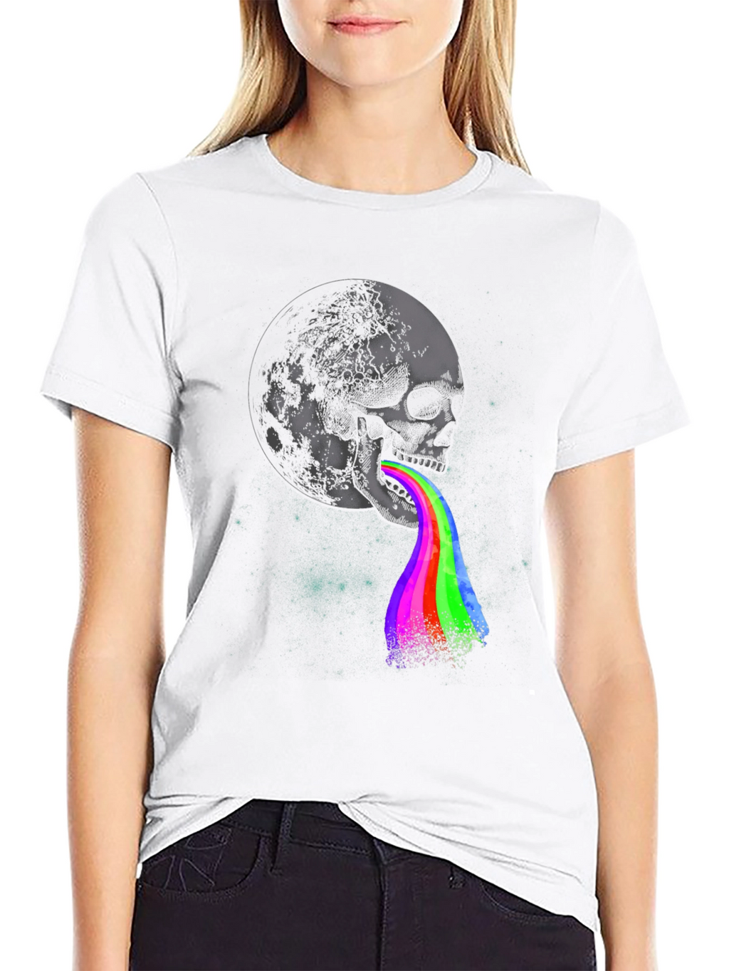 Moon Skull Rainbow Vomit Graphic Tee
