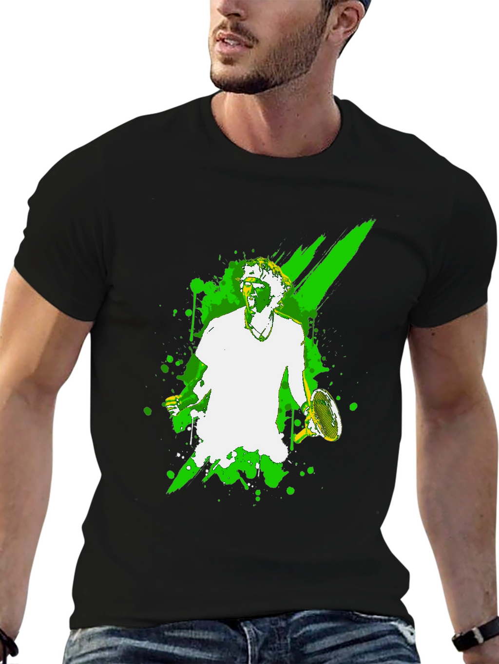 Tennis Player Graphic Tee - Black Cotton T-Shirt