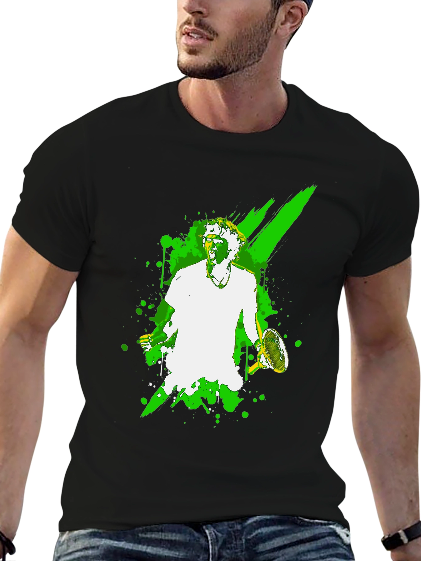 Tennis Player Graphic Tee - Black Cotton T-Shirt