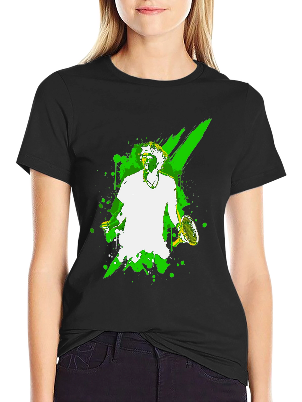 Tennis Player Graphic Tee - Black Cotton T-Shirt