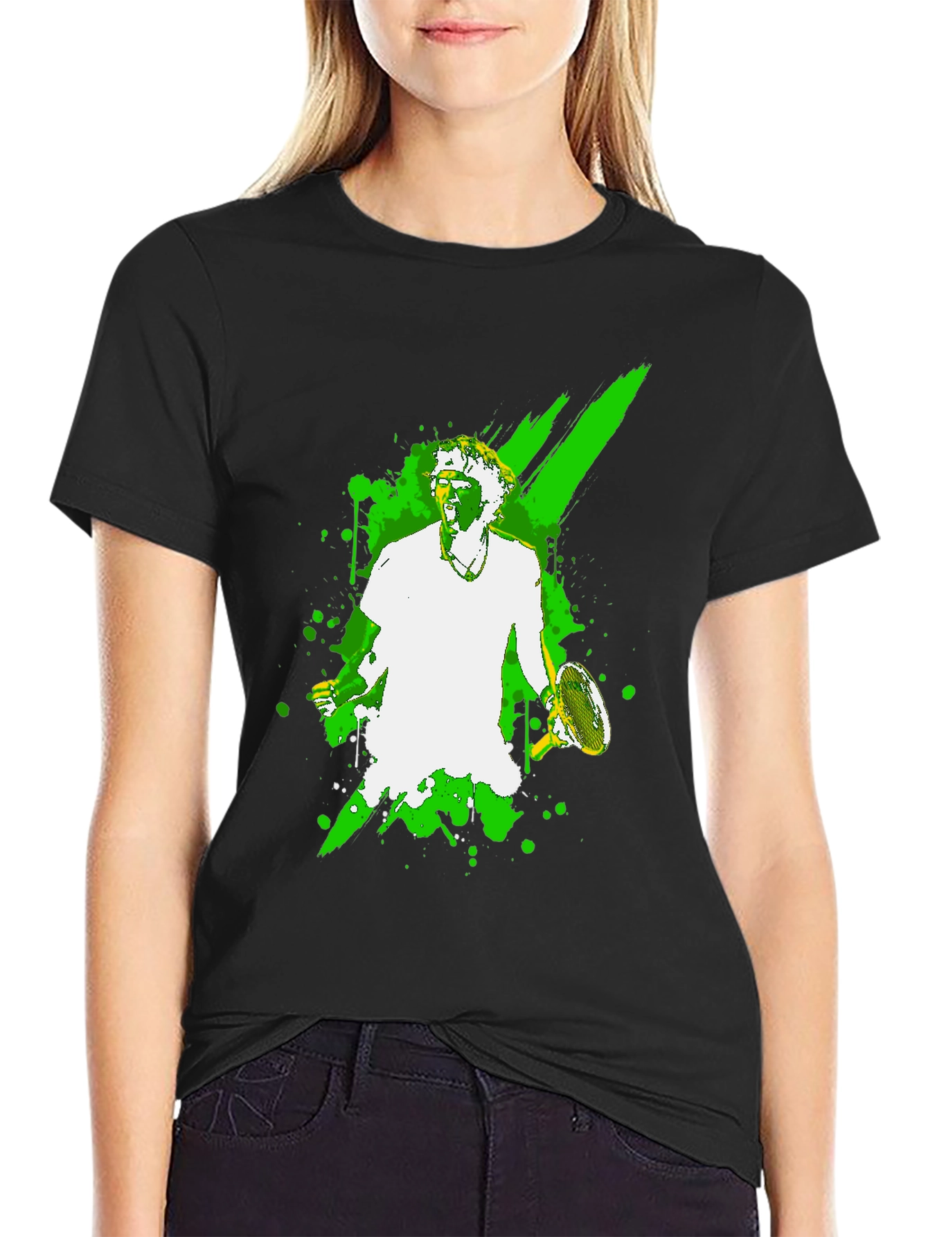 Tennis Player Graphic Tee - Black Cotton T-Shirt