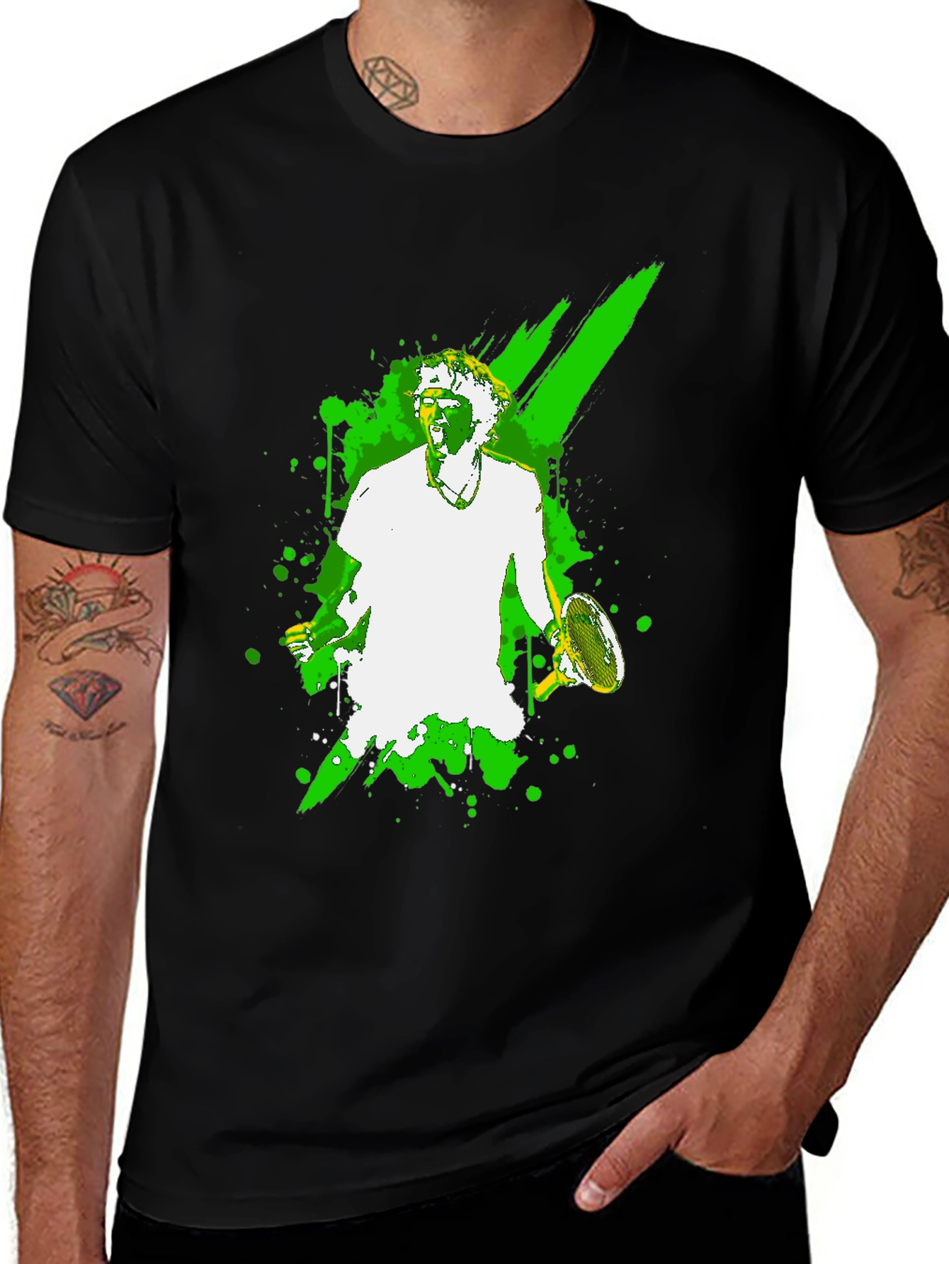Tennis Player Graphic Tee - Black Cotton T-Shirt