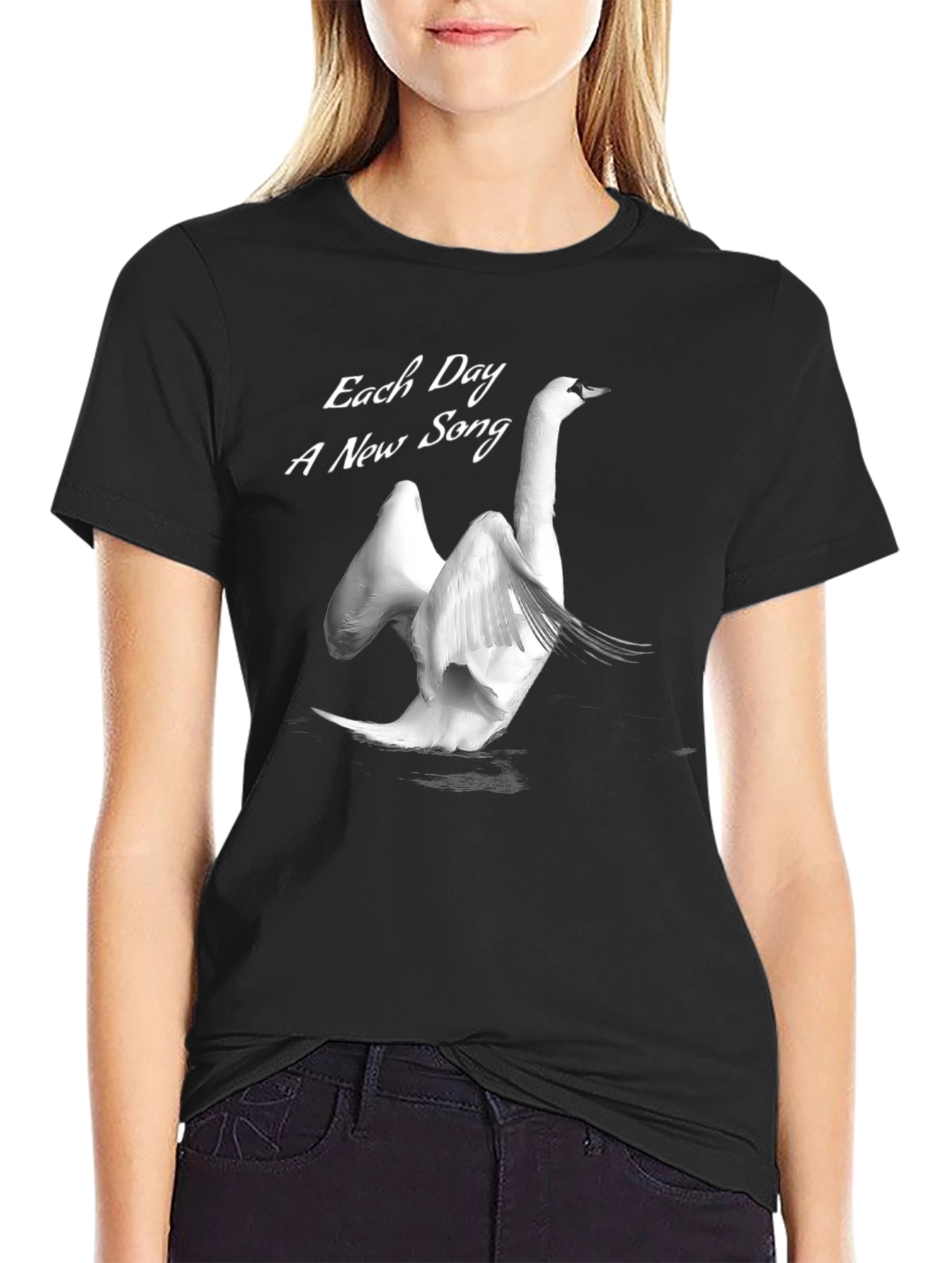 Elegant Swan T-Shirt - Each Day A New Song Black Cotton Tee