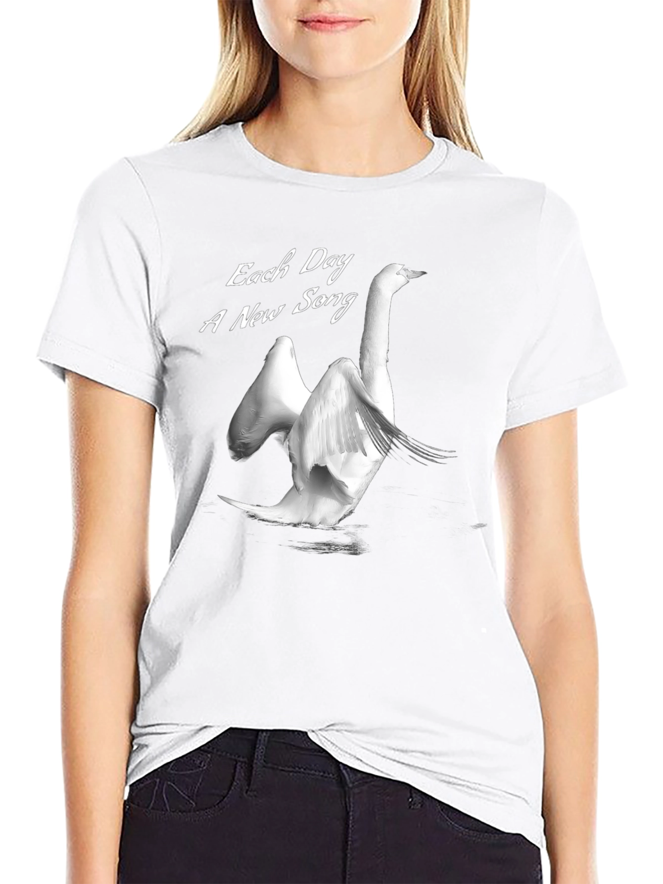 Elegant Swan T-Shirt - Each Day A New Song Black Cotton Tee