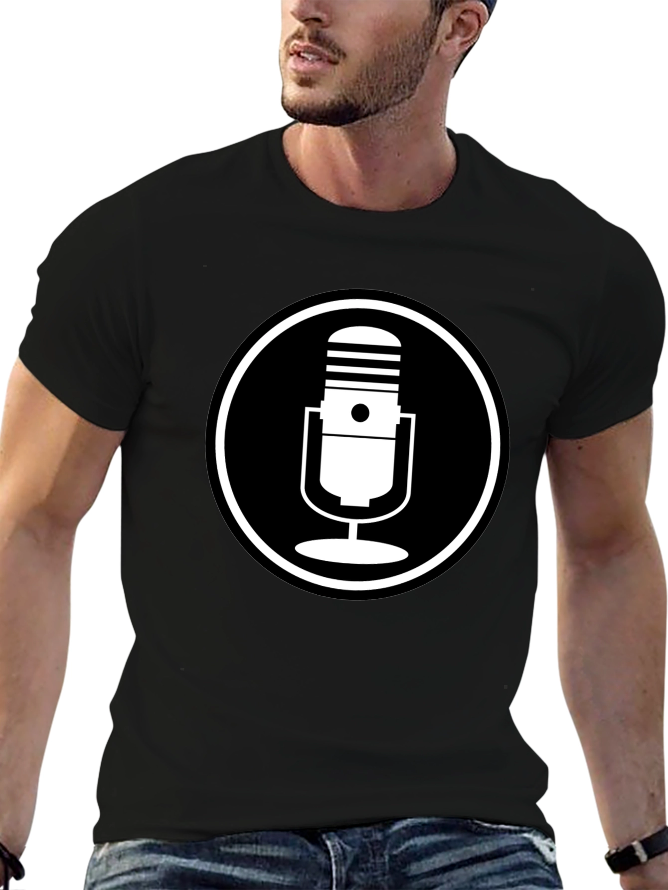 Black T-Shirt with Microphone Circle Graphic