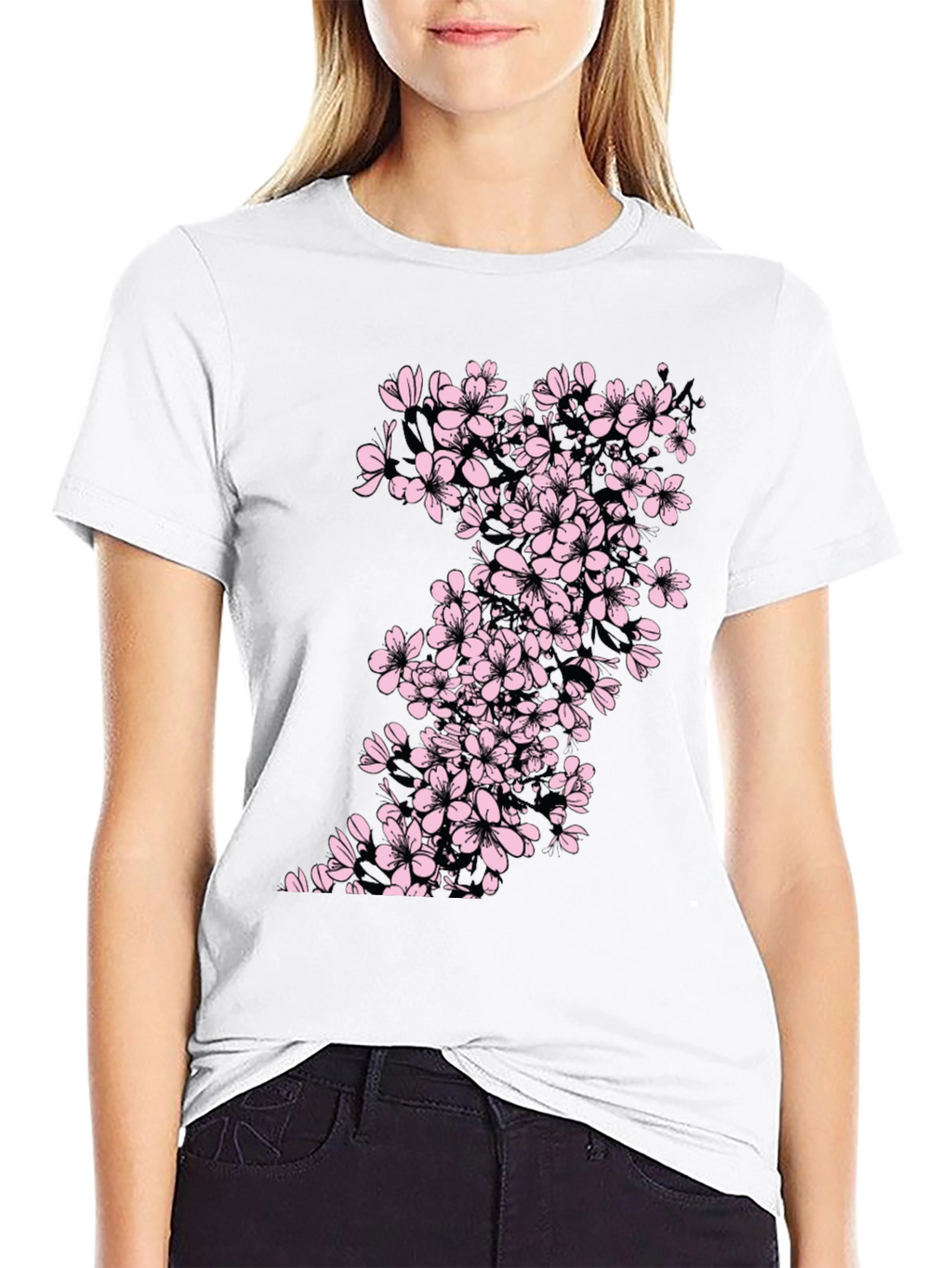 Black T-Shirt with Cherry Blossom Print