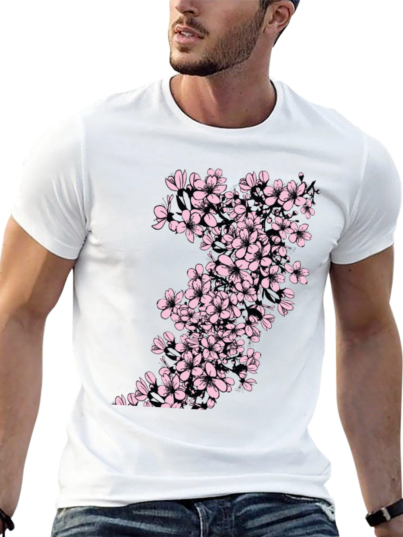 Black T-Shirt with Cherry Blossom Print