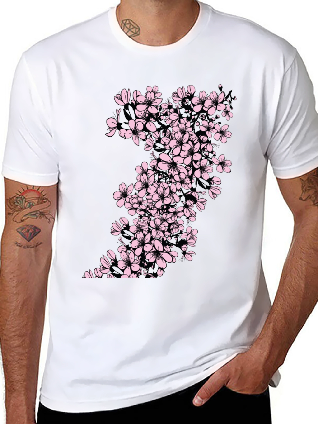 Black T-Shirt with Cherry Blossom Print