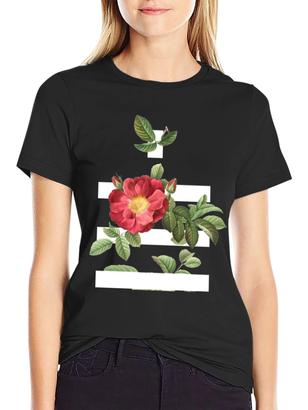Floral Stripe Graphic Tee - Modern Botanical Design