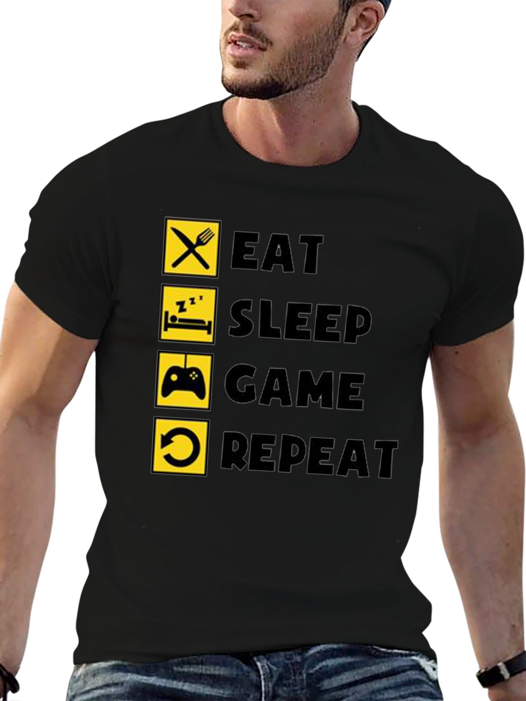 Eat Sleep Game Repeat Black T-Shirt Gamer Life