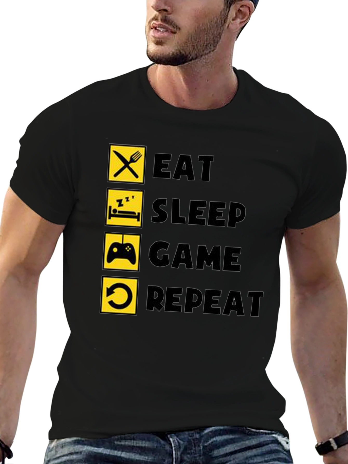 Eat Sleep Game Repeat Black T-Shirt Gamer Life