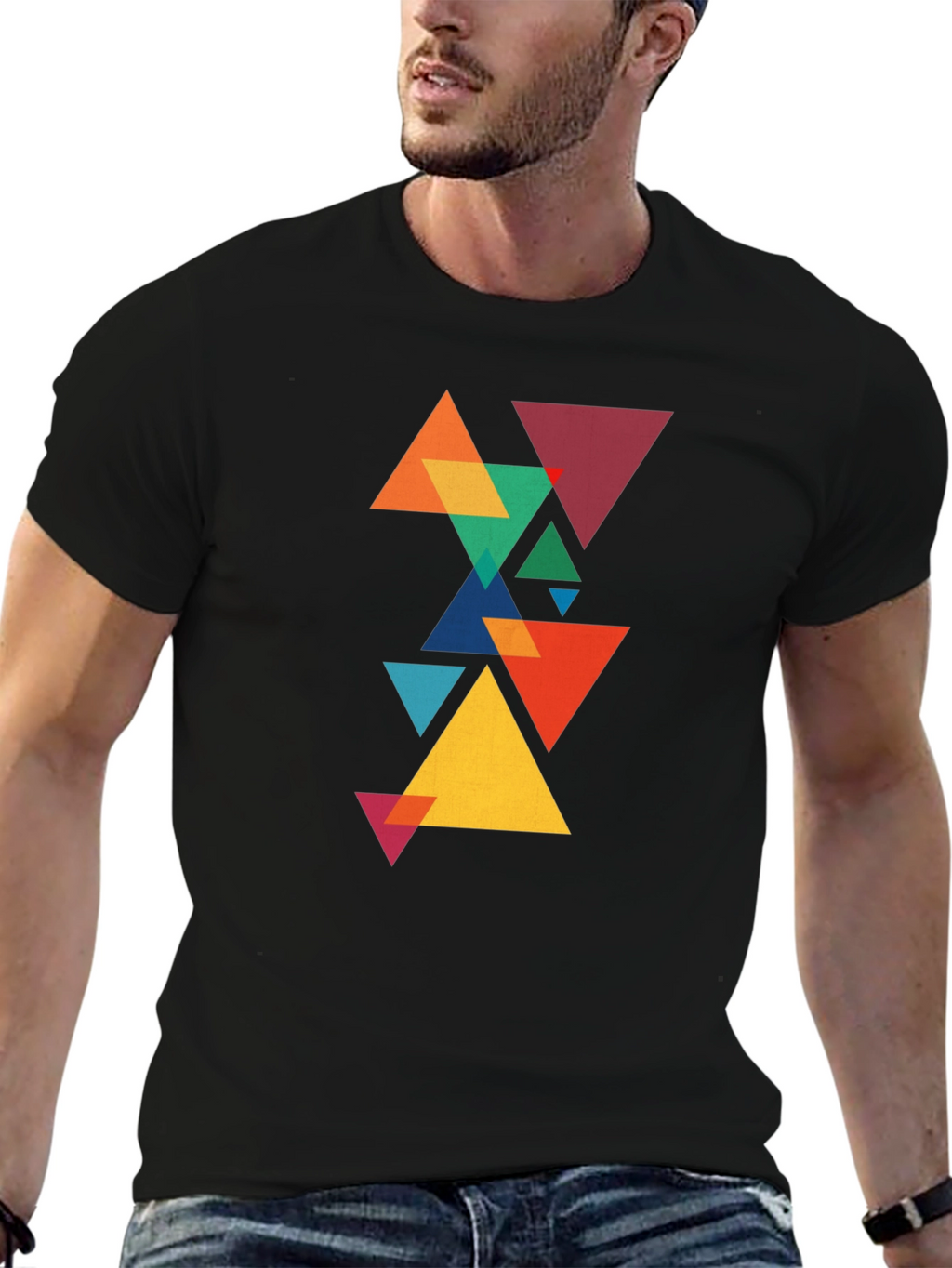 Geometric Triangle Pattern Black T-Shirt